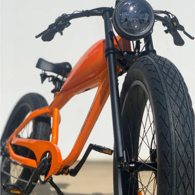 BLITZINbikes Caballero 750 Watt Electric Bike in Orange Zoomed Front Side View