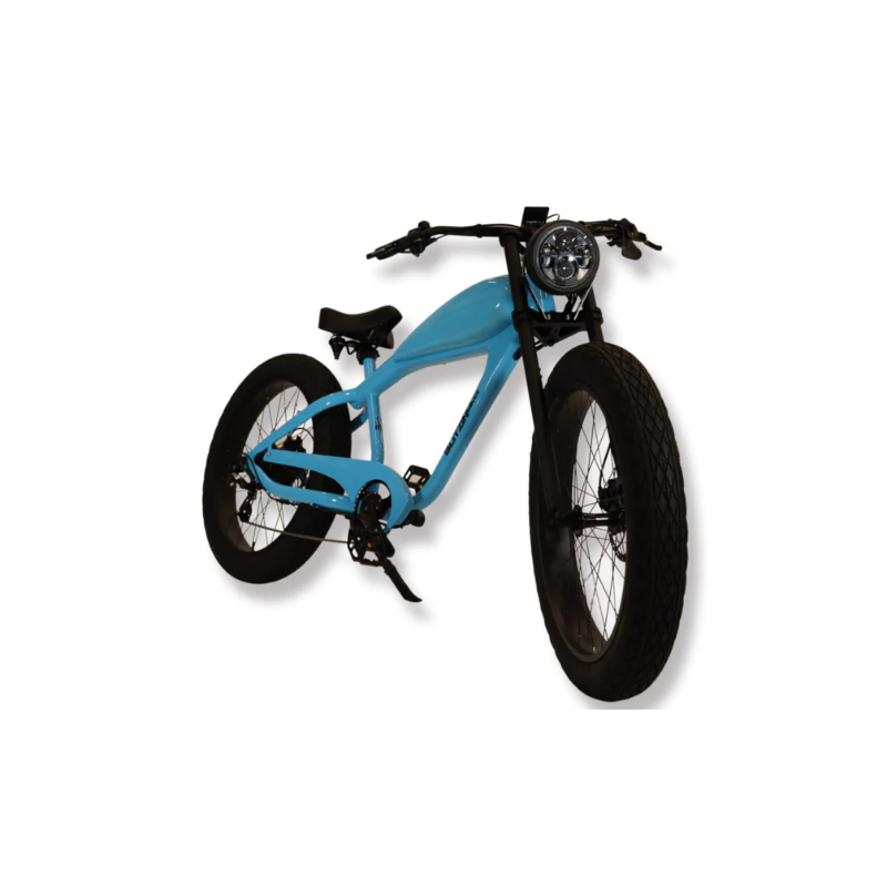 BLITZINbikes Coral 250 Watt Electric Bike in Gloss Coral Blue Front Side View