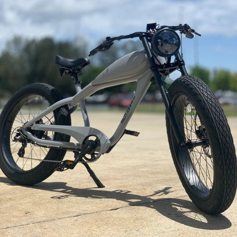 BLITZINbikes Grey Ghost 250 Watt Electric Bike in Gloss Grey Front Side View Display