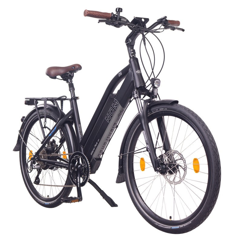 NCM Milano Plus City 250W 48V 16Ah Electric Bike Black Front Side View