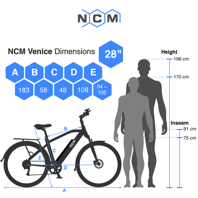 NCM Venice Plus 250W 48V 16Ah Electric Bike in Black Dimension