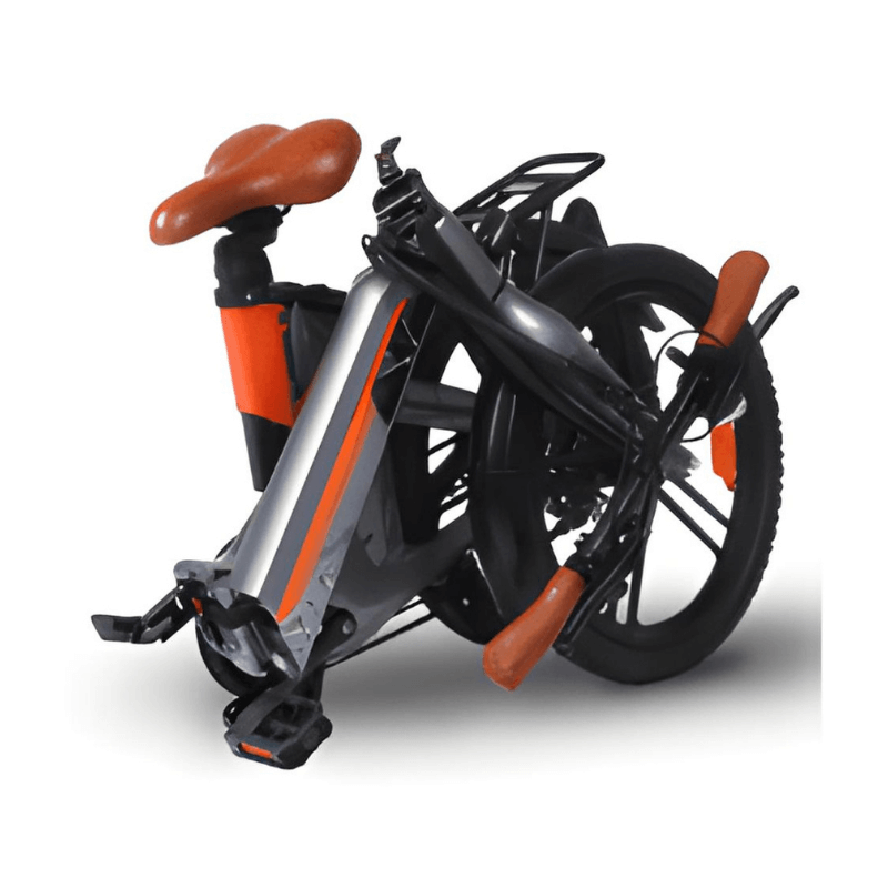 Plusrite Peacock 500W 48V 15Ah Electric Bike in Orange-Grey-Brown Folded View