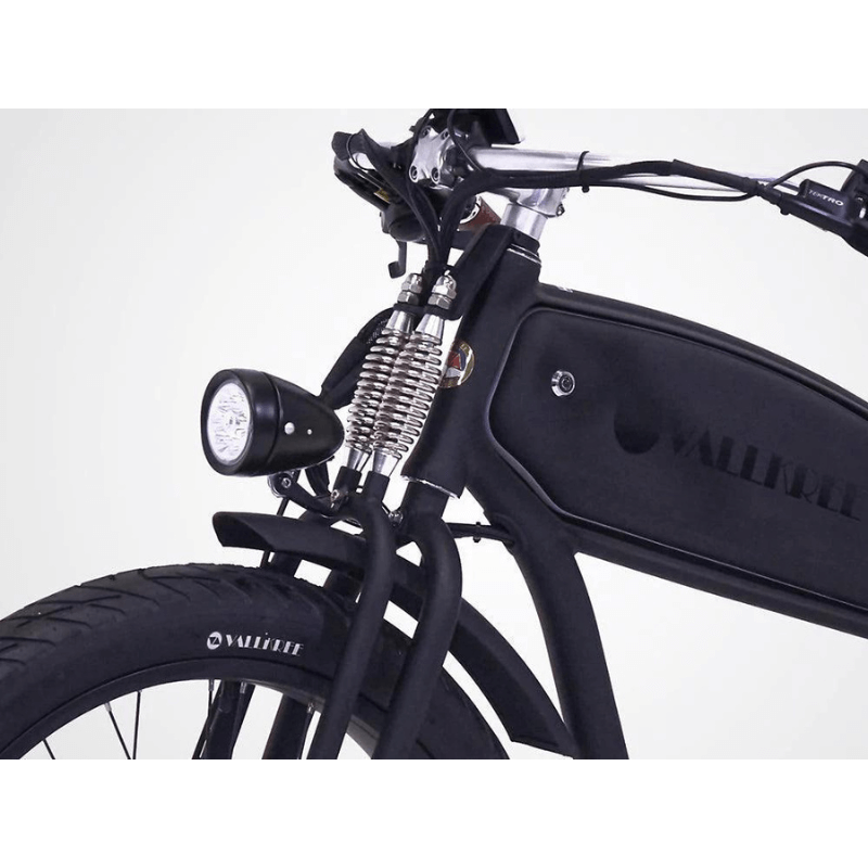 VALLKREE The Terremotto Scrambler 250/500W 36V 13Ah Electric Bike Very Black Front Light View