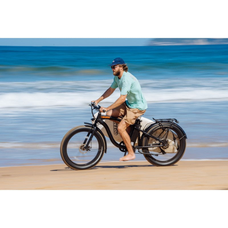 VAMOS El Hefe 500W 48V 2Ah Electric Bike in Black on Beach View