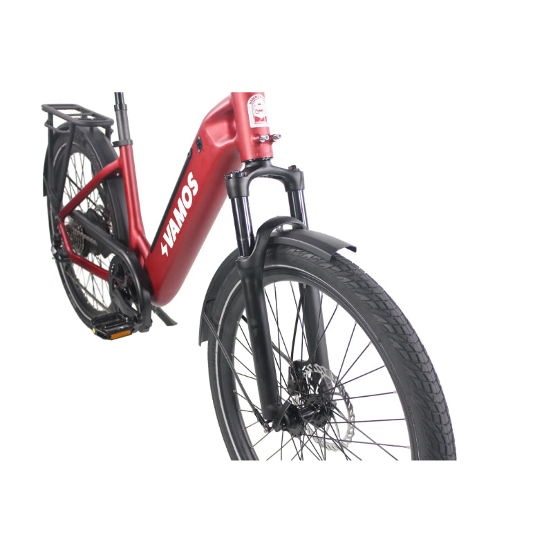 VAMOS El Rapido 500W 48V 15Ah Electric Bike Red Fork View