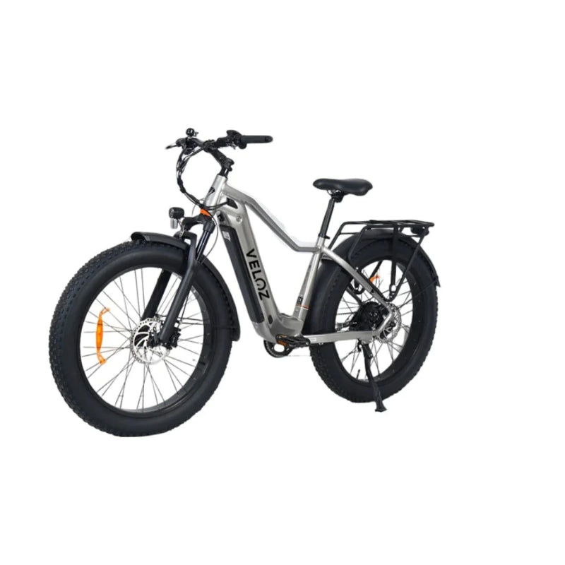 VELOZ Discovery Fat 750W 48V 15Ah Electric Bike in Silver Front Side View