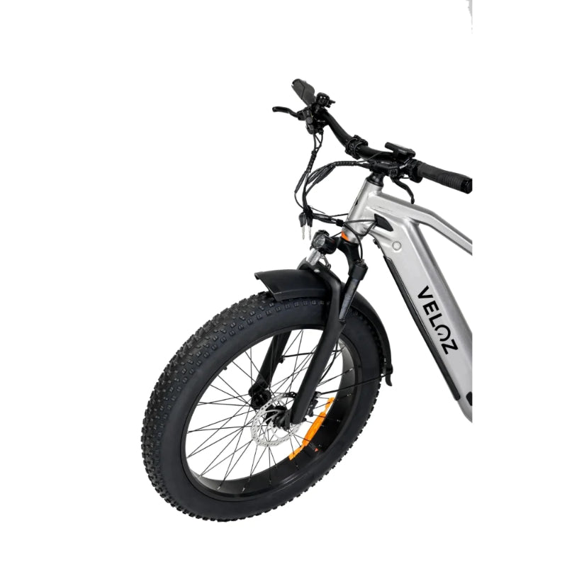 VELOZ Discovery Fat 750W 48V 15Ah Electric Bike in Silver Front Tyre View