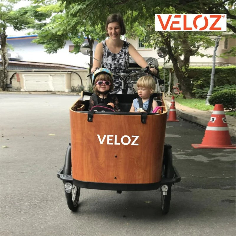 VELOZ JX350 350W 48V 13Ah Electric Cargo Trike Bike Wood Outside with Children Front View