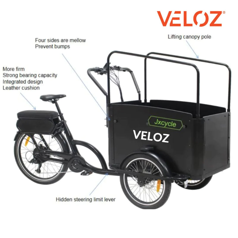 VELOZ JX500 500W48V 20Ah Electric Cargo Trike Bike in Black Features